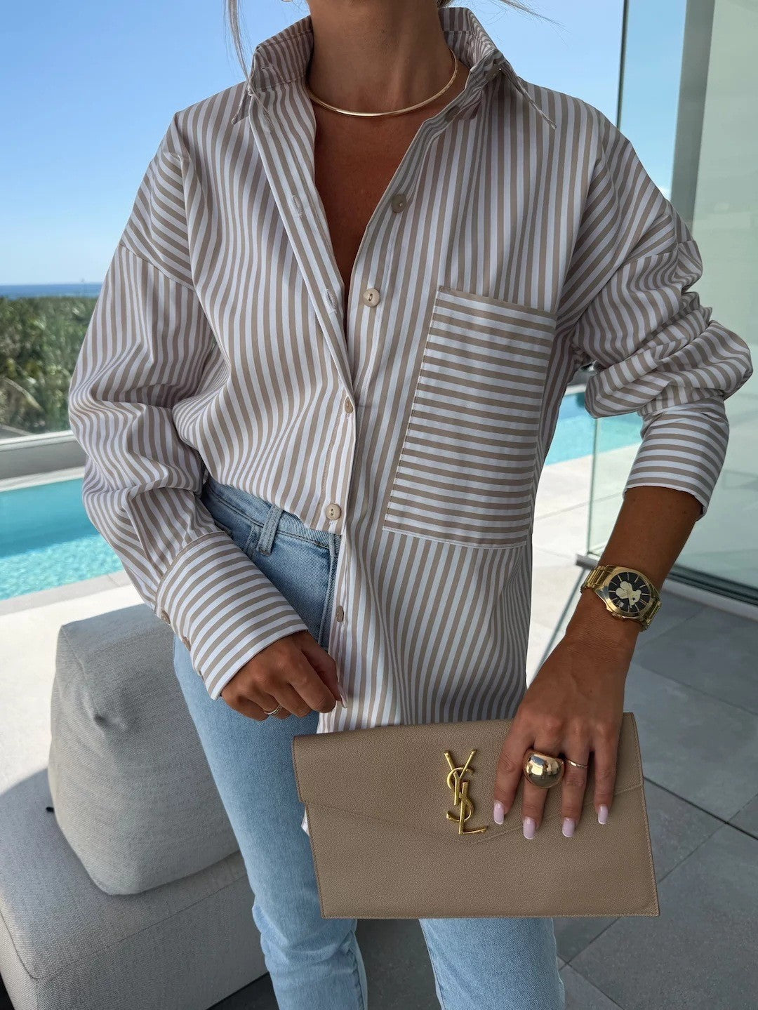 Women's Summer Loose Casual Shirt Striped Long Blouses