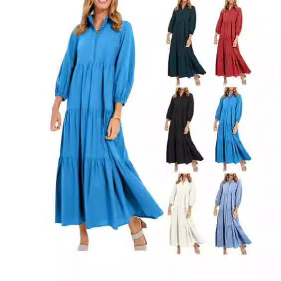 Women's Button Lapel Long Fashion Pullover High Waist Casual Solid Dress