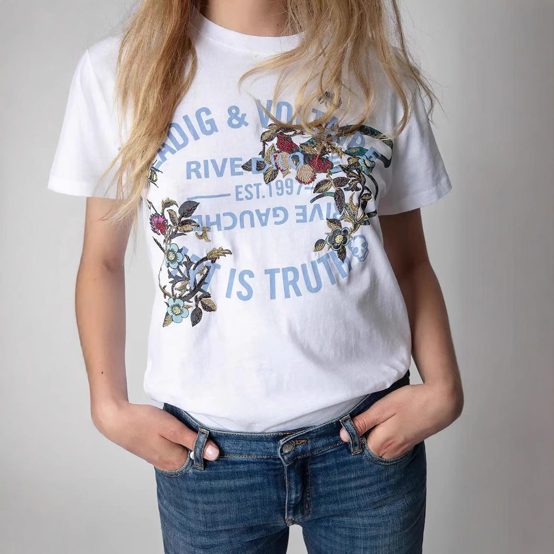 Women's Classic Letter Printed Flowers Snake Embroidery Blouses