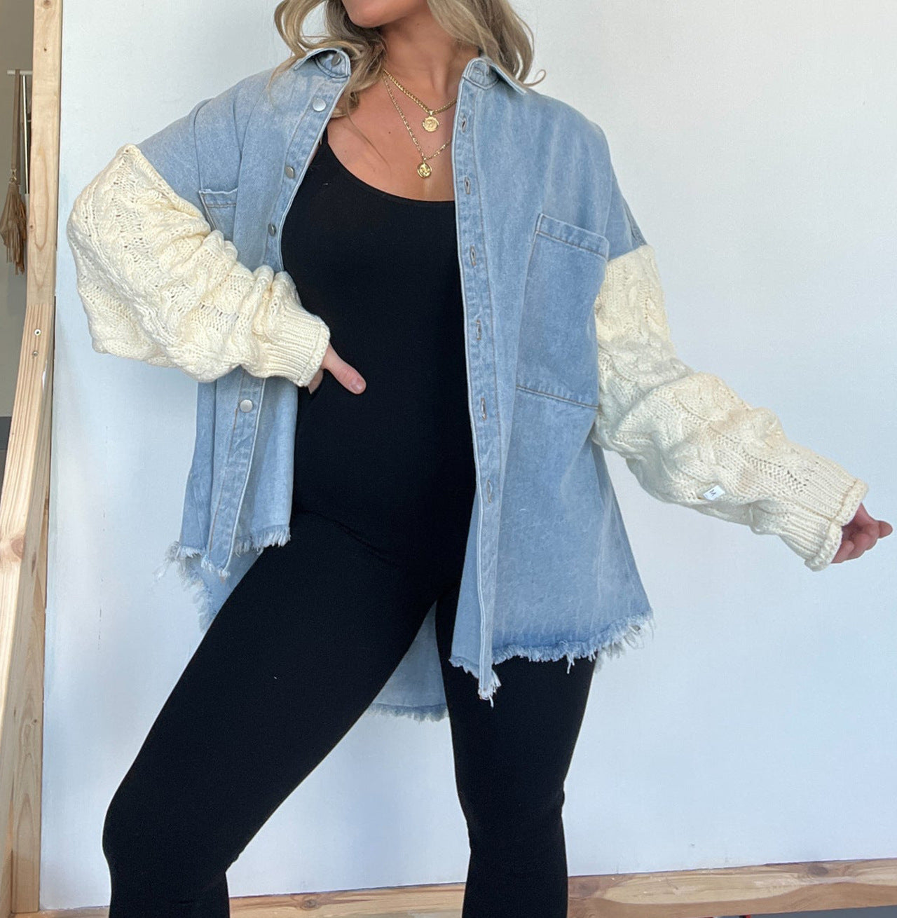 Women's Loose Stitching Sleeve Denim Woolen Jackets