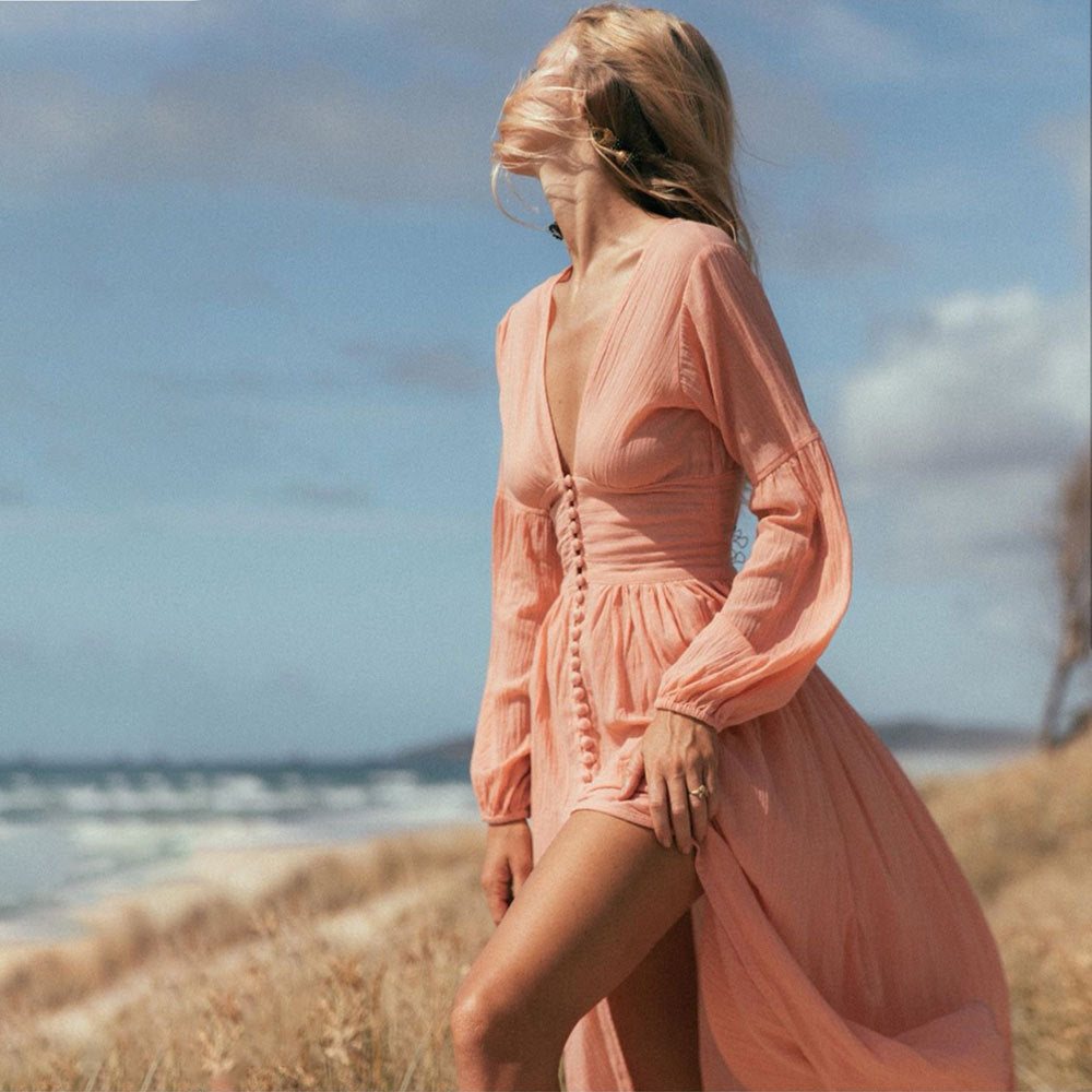 Women's Waist Pleated Loose Slit Temperament Long Dresses