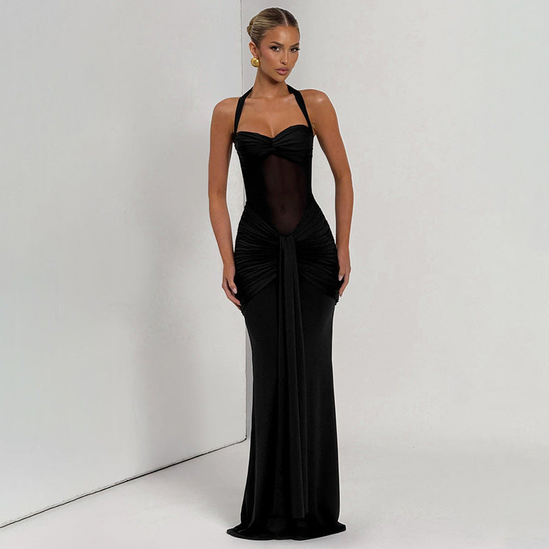 Women's Pure Color Halter Mesh Tight Stitching Dresses