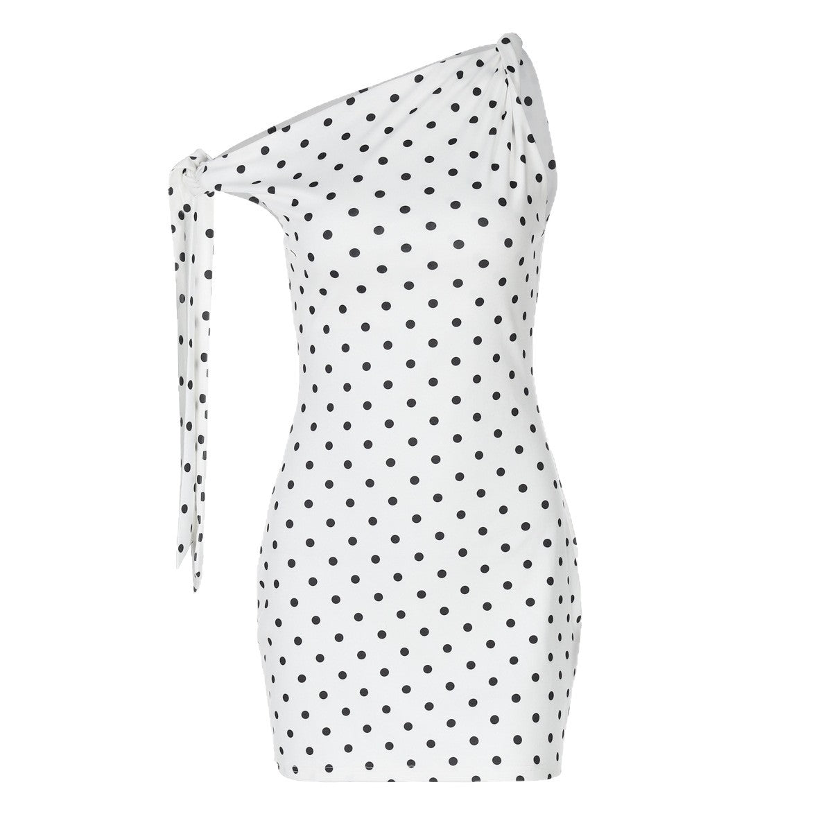 Women's Fashionable Sexy Polka Dot Printed Shoulder Lace Up Slim Fit Dress