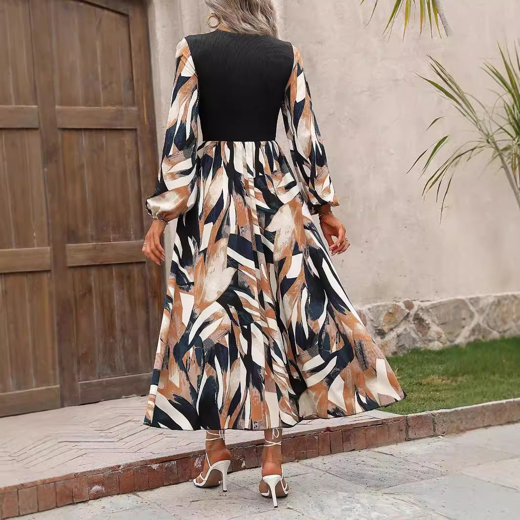 Women's French Fashionable Elegant Printed Round Neck Temperament Dress
