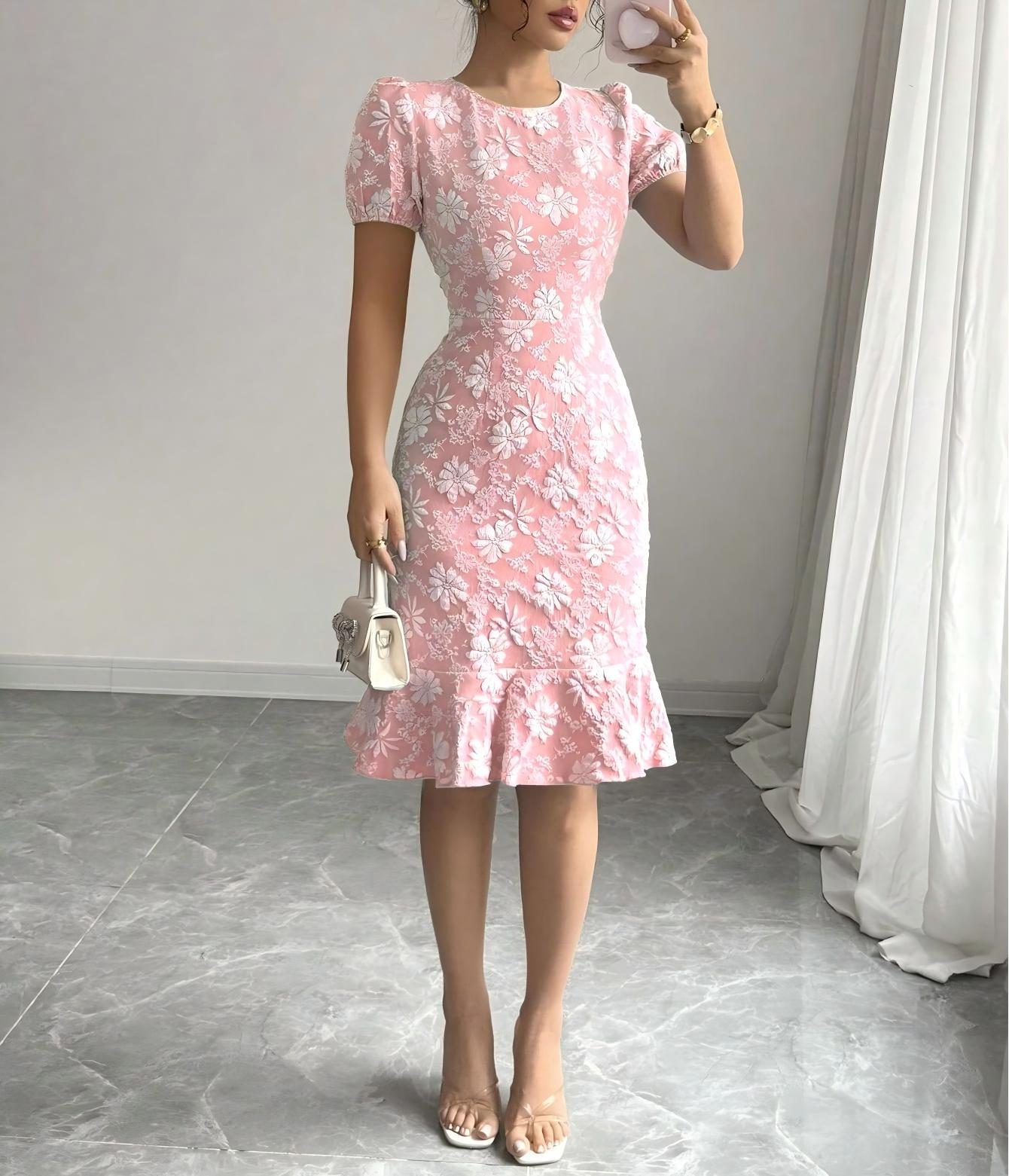 Women's Source Summer Bubble Sleeve Texture Jacquard Round Neck Retro Dress