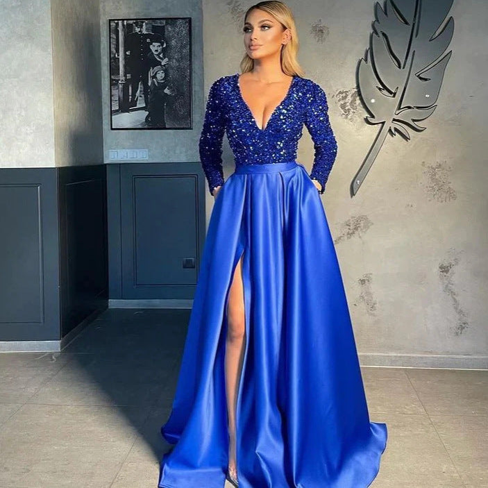 Long Sleeve Sequin Swing Sequined Split Dresses
