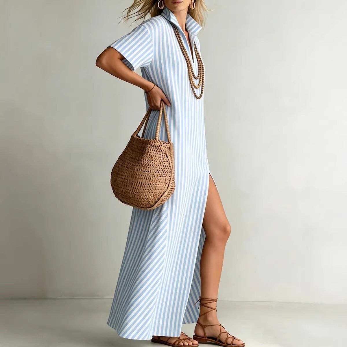 Women's Summer Sleeve Striped Slit For Dress