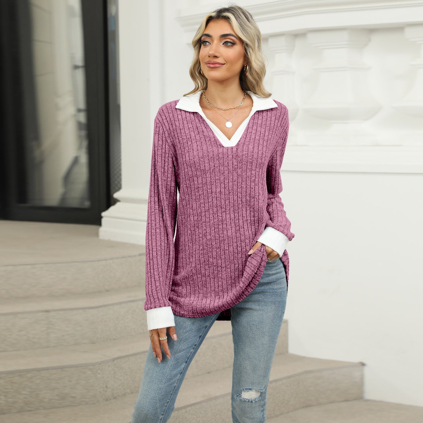 Women's Contrast Color Lapels Long Sleeve Loose-fitting Blouses