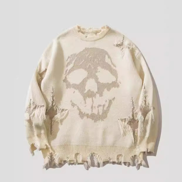 Women's & Men's & Hip Hop Dark Street Skull Jacquard Ripped Sweaters