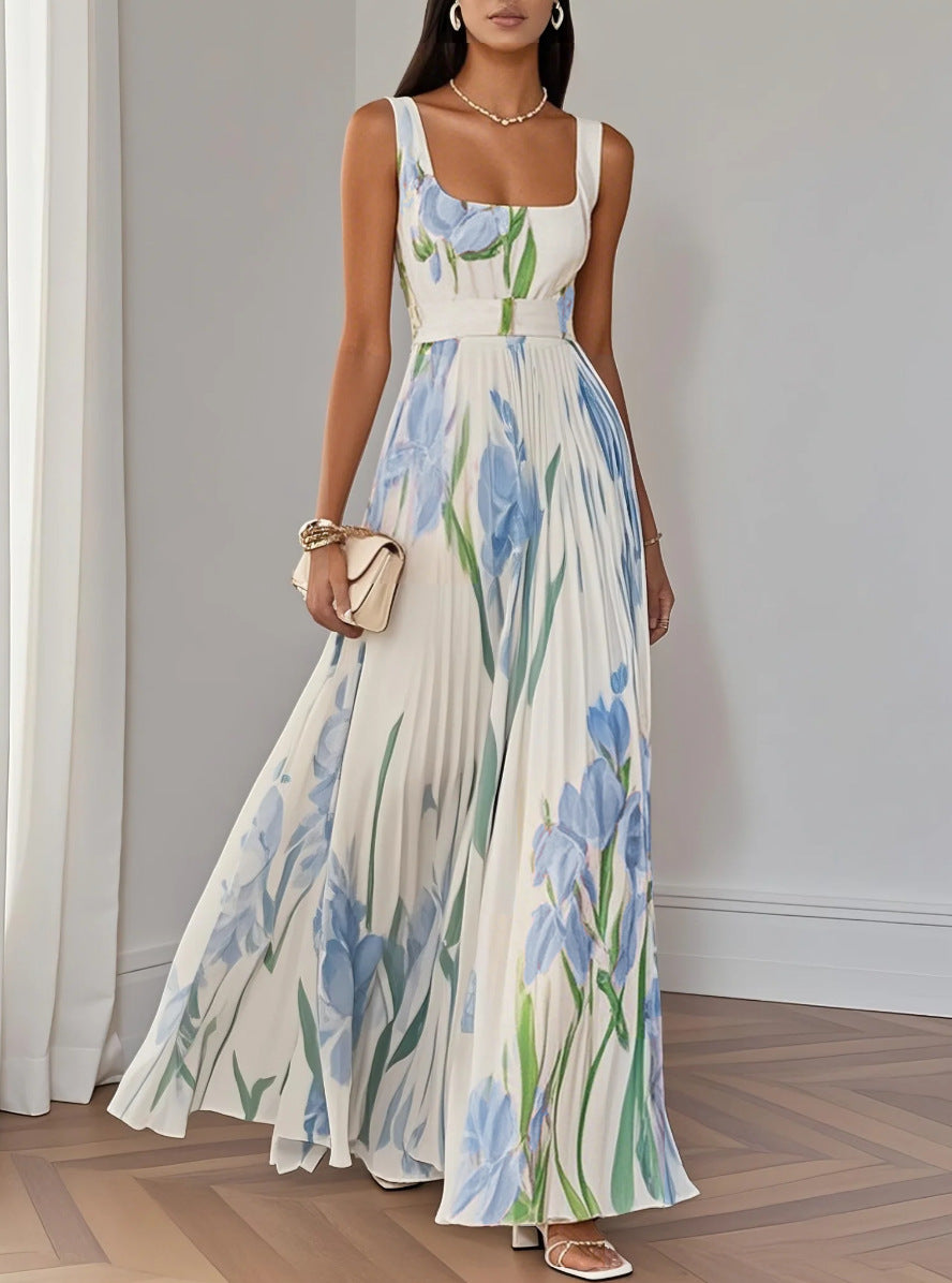 Women's Sling Digital Printing Pleated Floral Maxi Dresses
