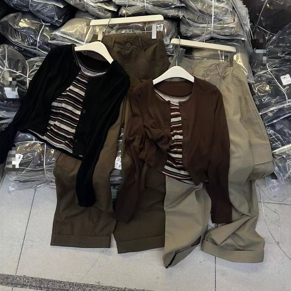 Italian Weekend Korean Striped Overalls Three-piece Vests