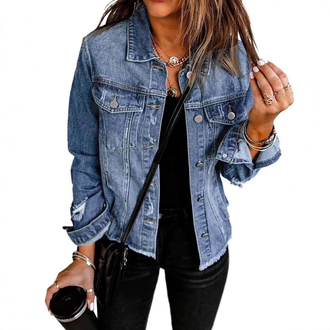 Women's Denim Washed Shabby Lapel Long Sleeve Tops