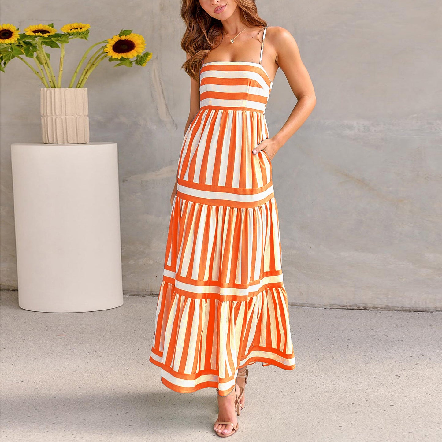 Women's Striped Positioning Printed Sling Backless Pocket Dresses