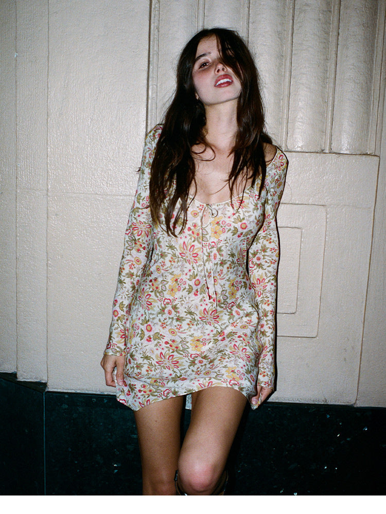 Long Sleeve Floral Silk Diagonal Cut French Shorts