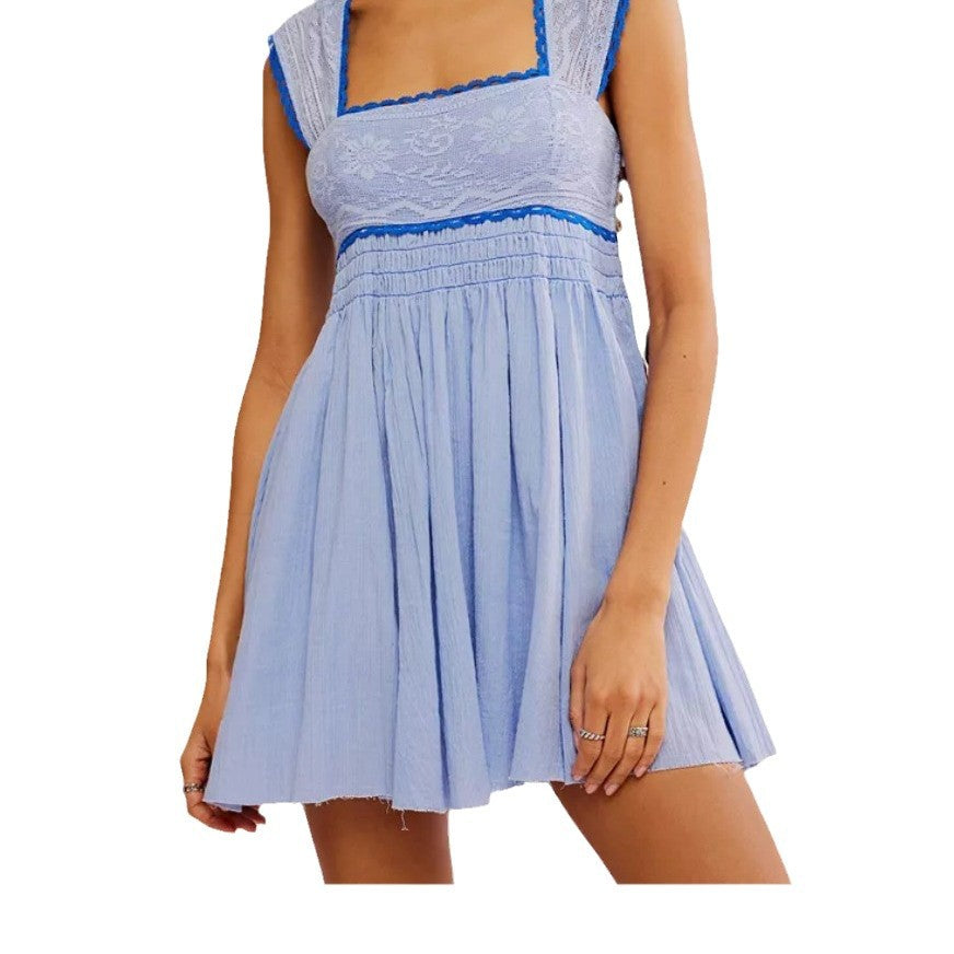Women's Sleeveless Square Collar Pleated Backless Mini Dresses
