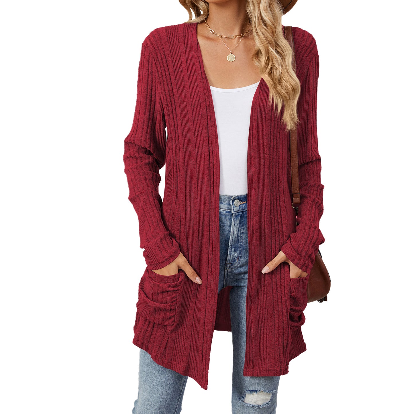 Women's Color Rib Fabric Brushed Pocket Long Cardigans