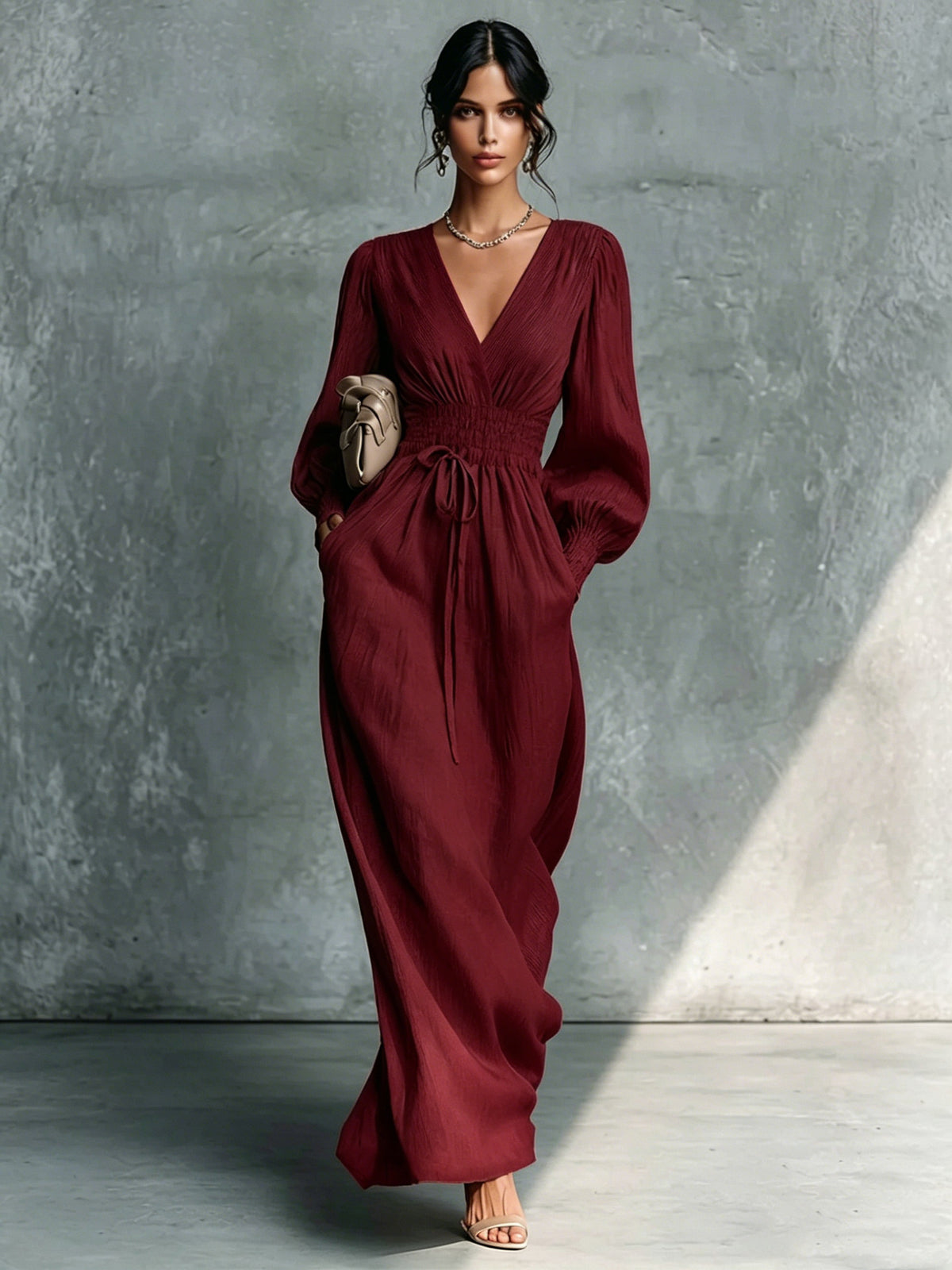 Women's Elegant Waist Long-sleeved Slimming French A- Line Dress