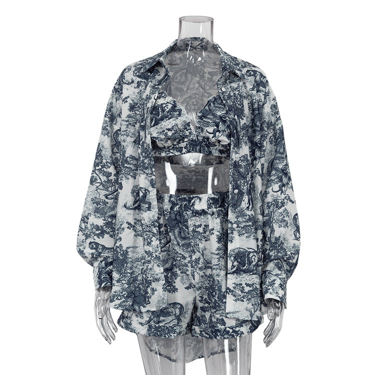 Women's Shirt Suspender National Style Ink Printing Fashion Suits