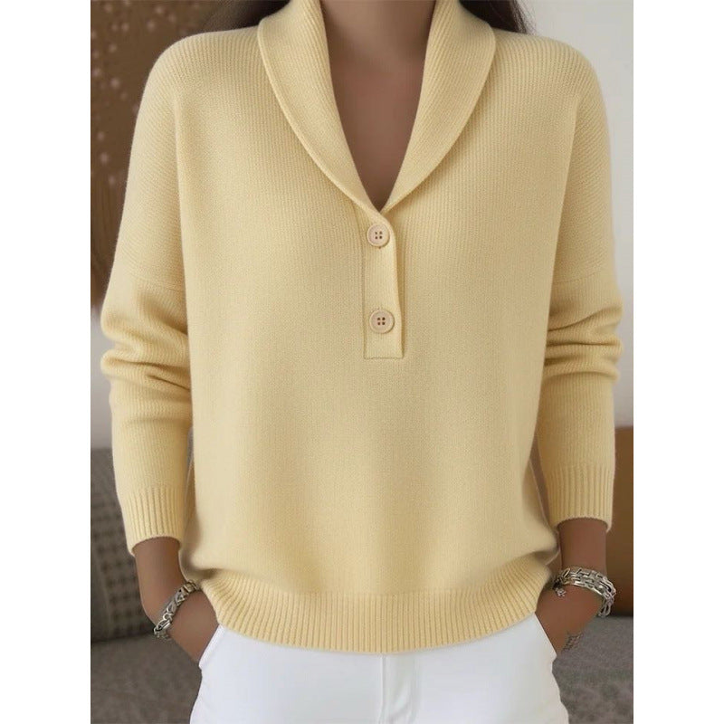Women's Button Solid Color Collar Casual Fashion Sweater