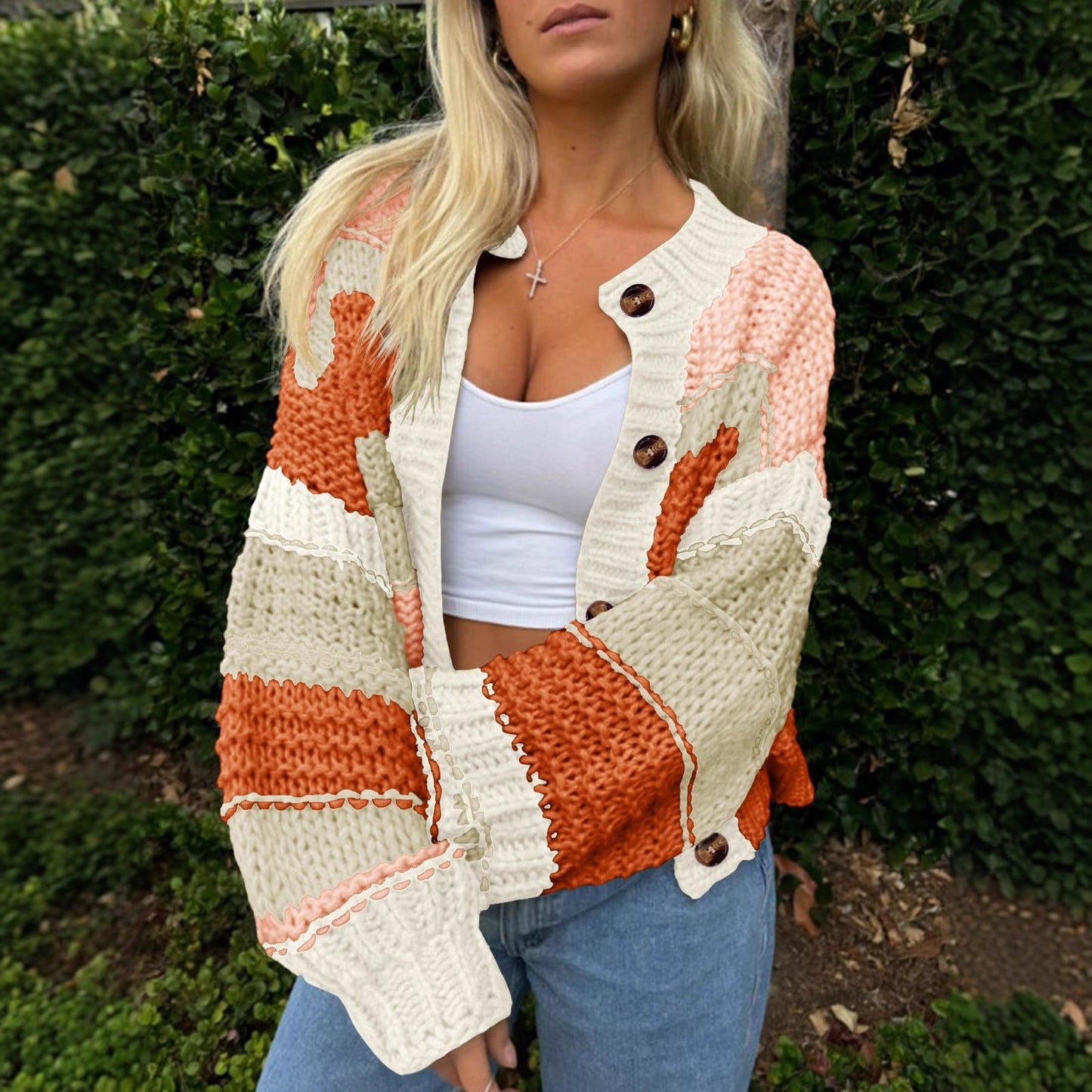 Women's Striped Thick Needle Button Color Block Stitching Sweaters