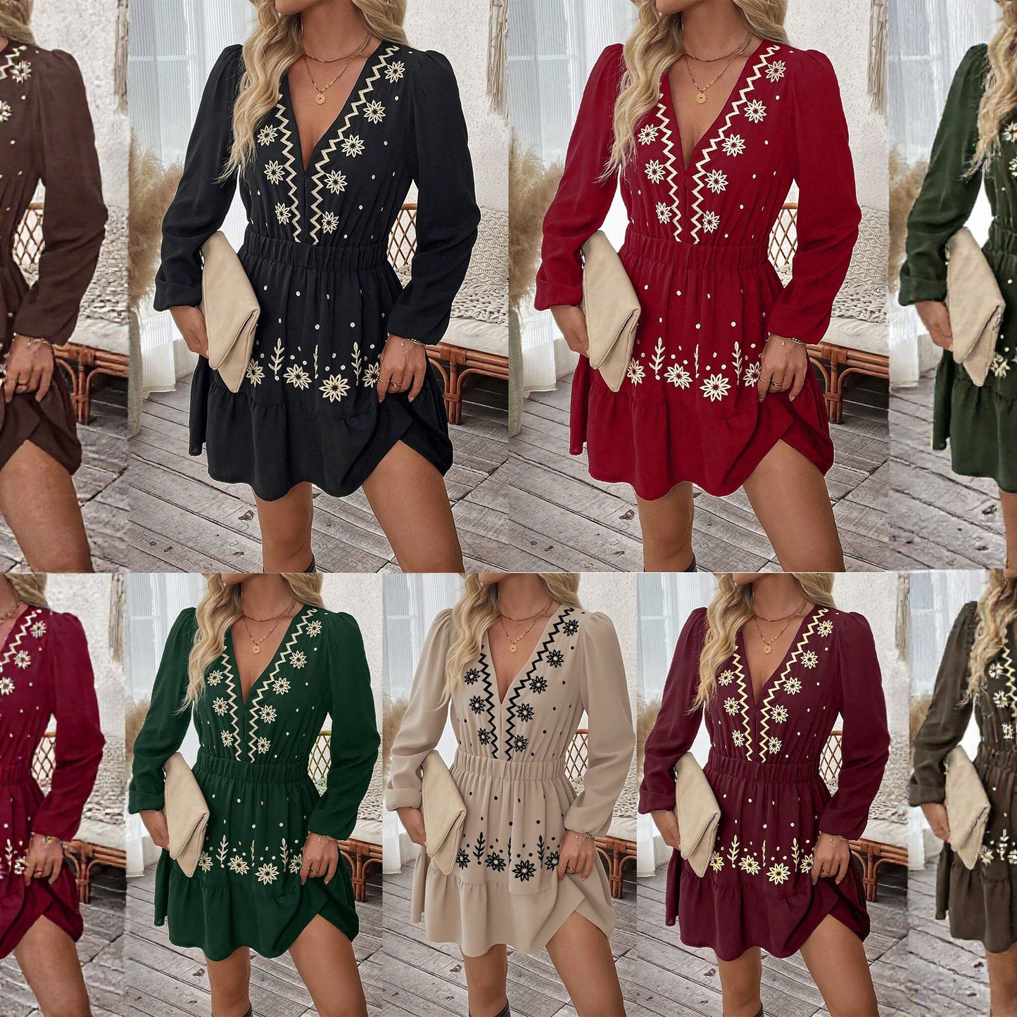 Women's Embroidered Deep Collar Long Sleeve Dress