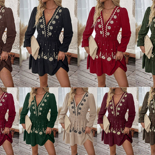 Women's Embroidered Deep Collar Long Sleeve Dress