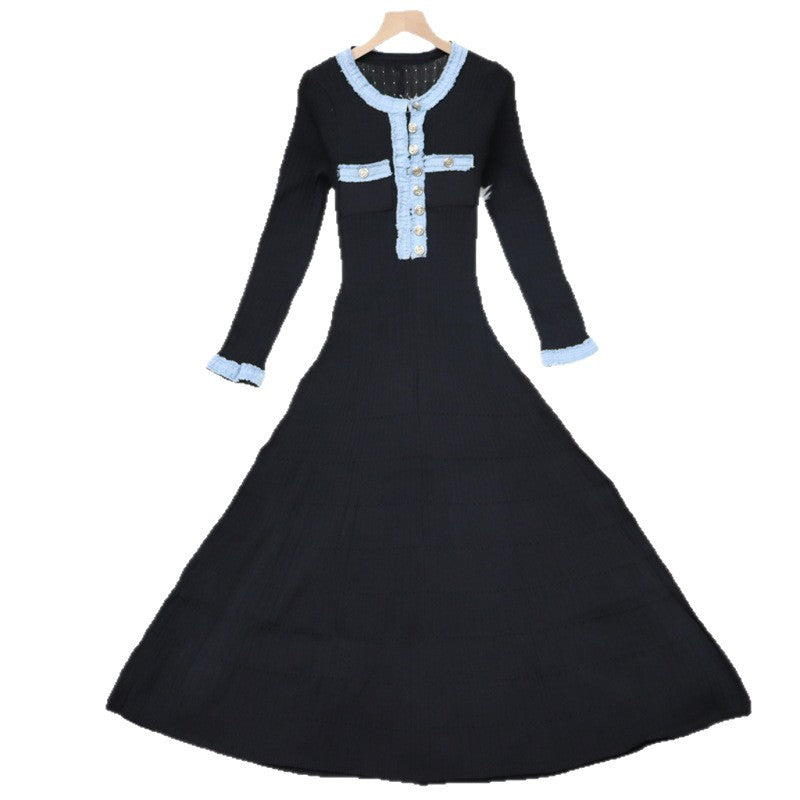 Denim Long-sleeved Knitted Simple Round Neck Slimming Dress
