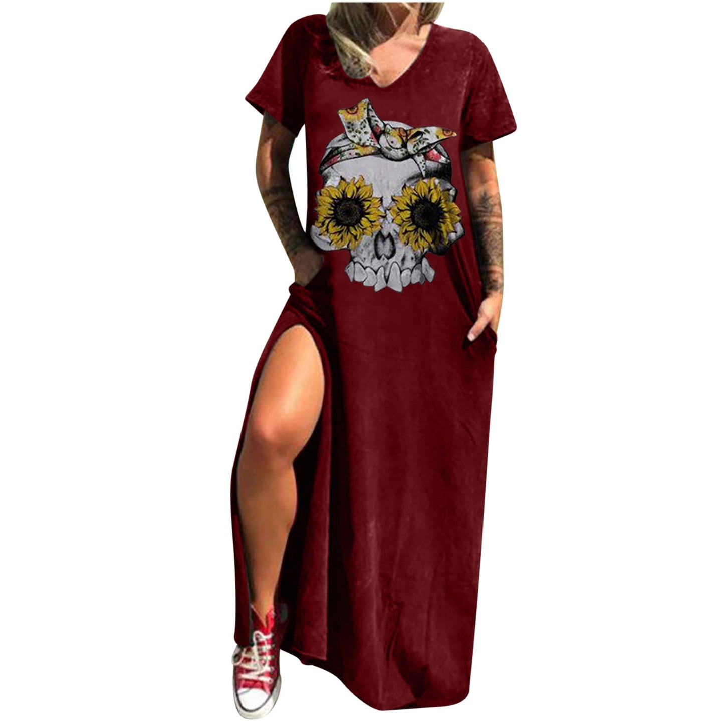 Skull Print Street Fashion Sleeve Slit Shorts