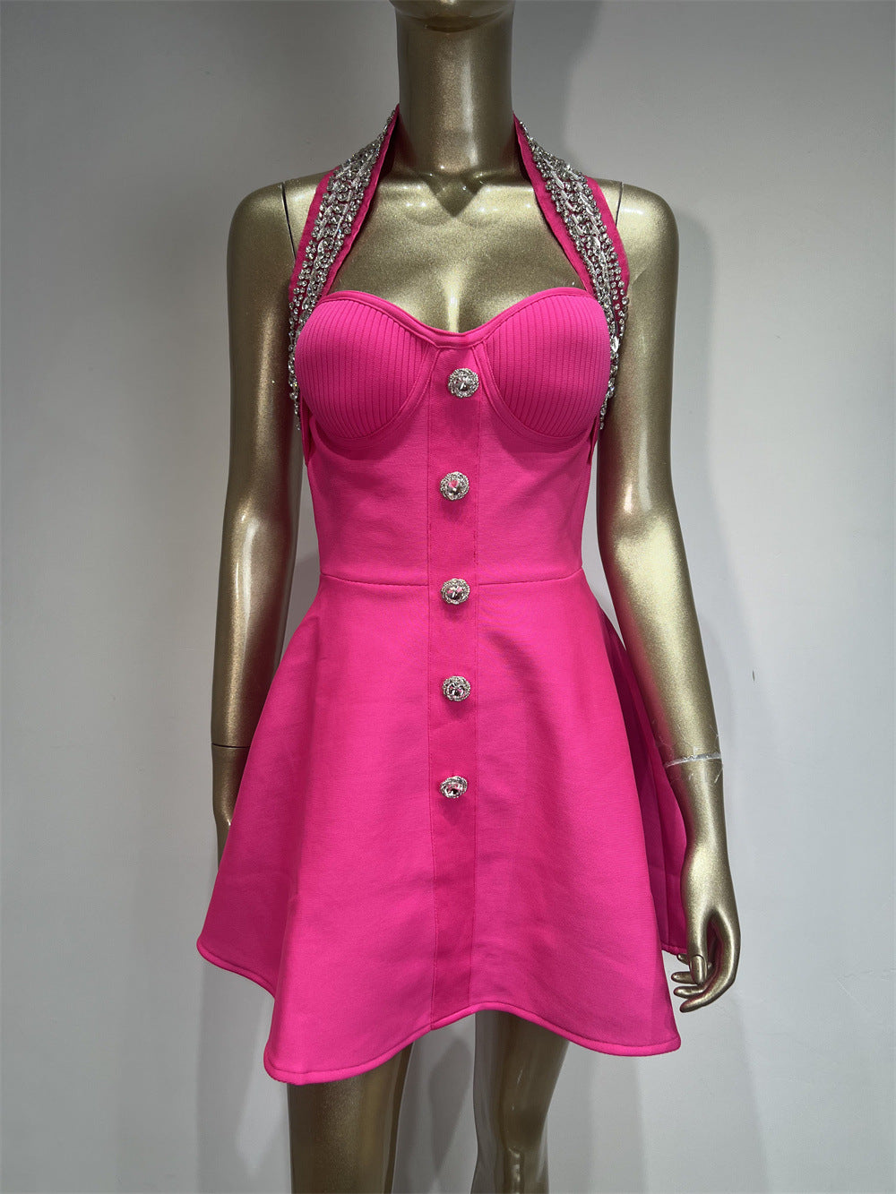 Summer Halter Bandage Dress Rhinestone Single-breasted A- Line Dresses