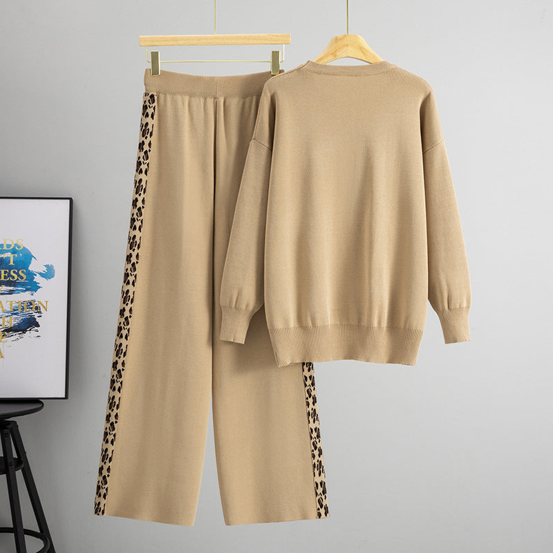 Women's Sleeve Leopard Wide Leg Classic Style Knit Suits