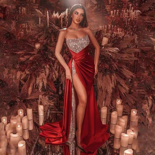 Women's Sequined Slit Long Dress Sexy Tube Dresses