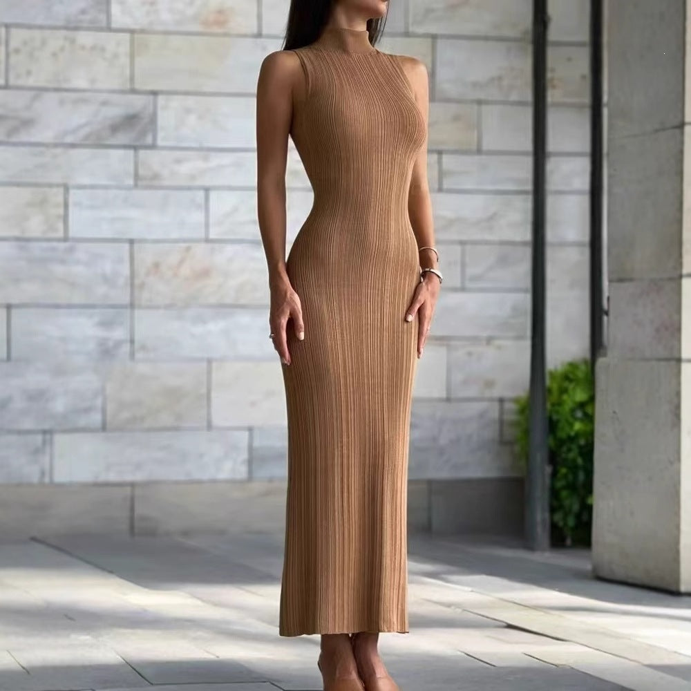 Women's Knitted Turtleneck Sleeveless Tight Midi Elegant Skirts