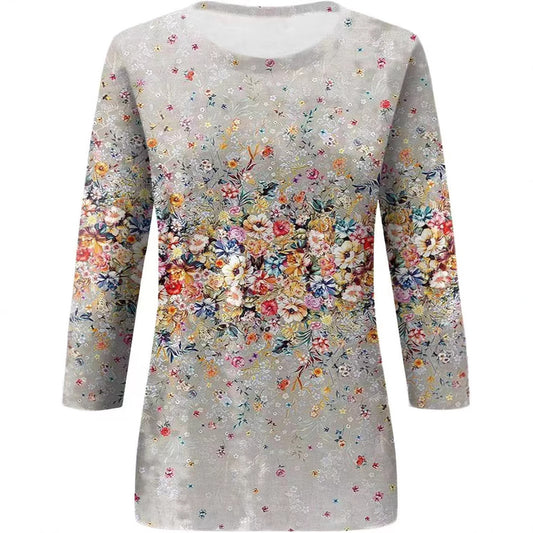 Women's Printed Sleeves Loose Crew Neck Casual Blouses