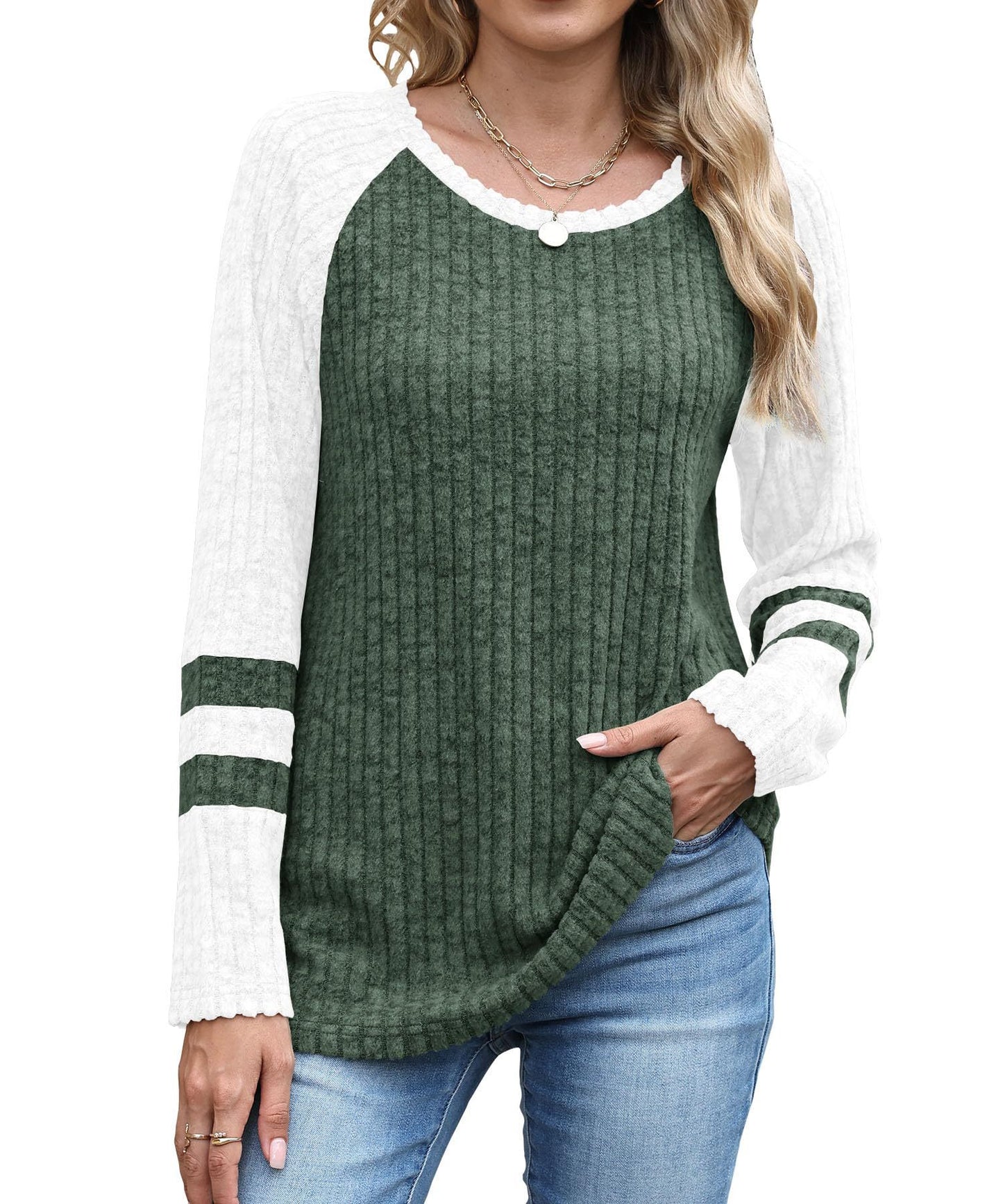 Women's Autumn Fashion Long Sleeve Contrast Color Round Neck Bottoming Sweater