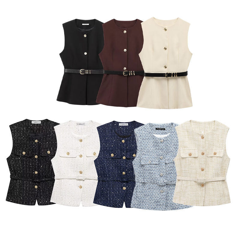 Women's Waistband Sequin Woolen Spring Elegant Metal Button Sleeveless Vests