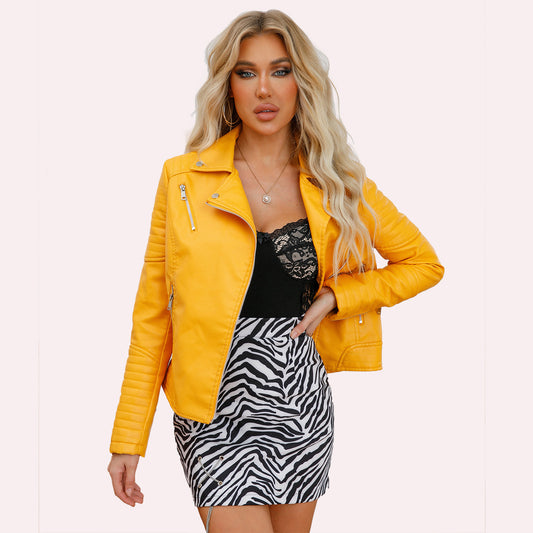 Women's Leather European Slim Lapel Motorcycle Oblique Jackets
