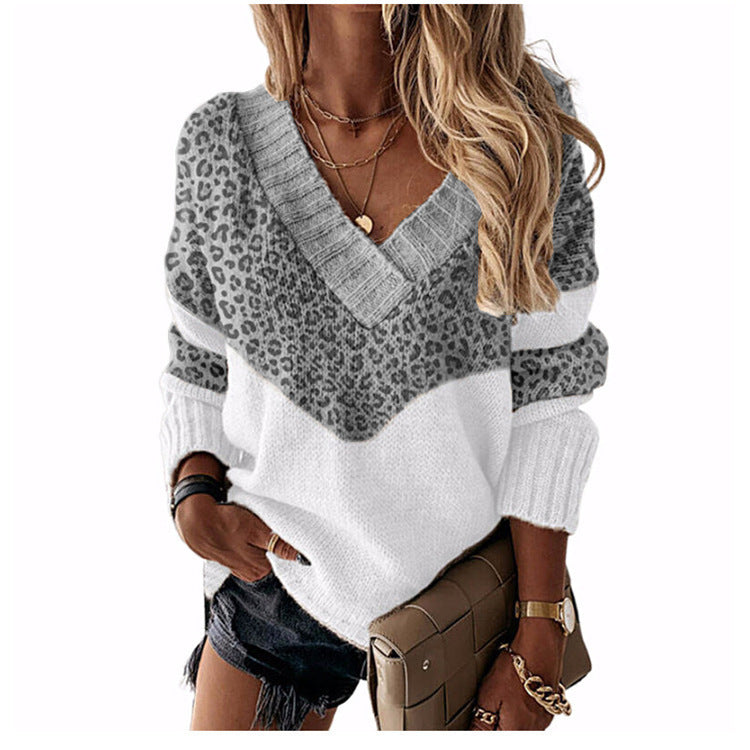 Collar Pullover Color Matching Striped Leopard Tops