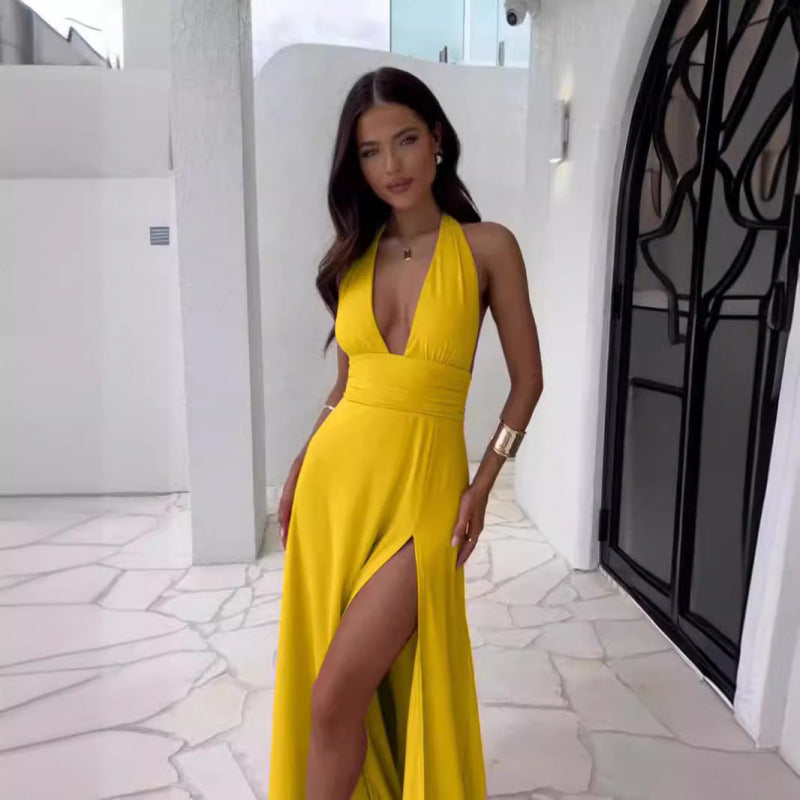 Women's Spring Elegant Halter Slit Long Solid Clothing