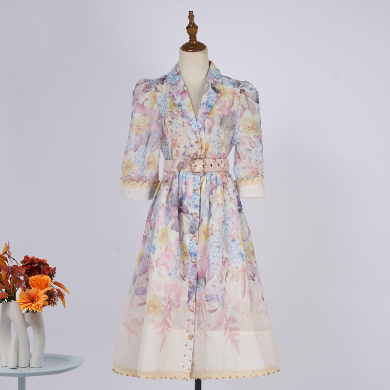 Women's Collar Sleeve Single-breasted Printed Elegant Dress Dresses