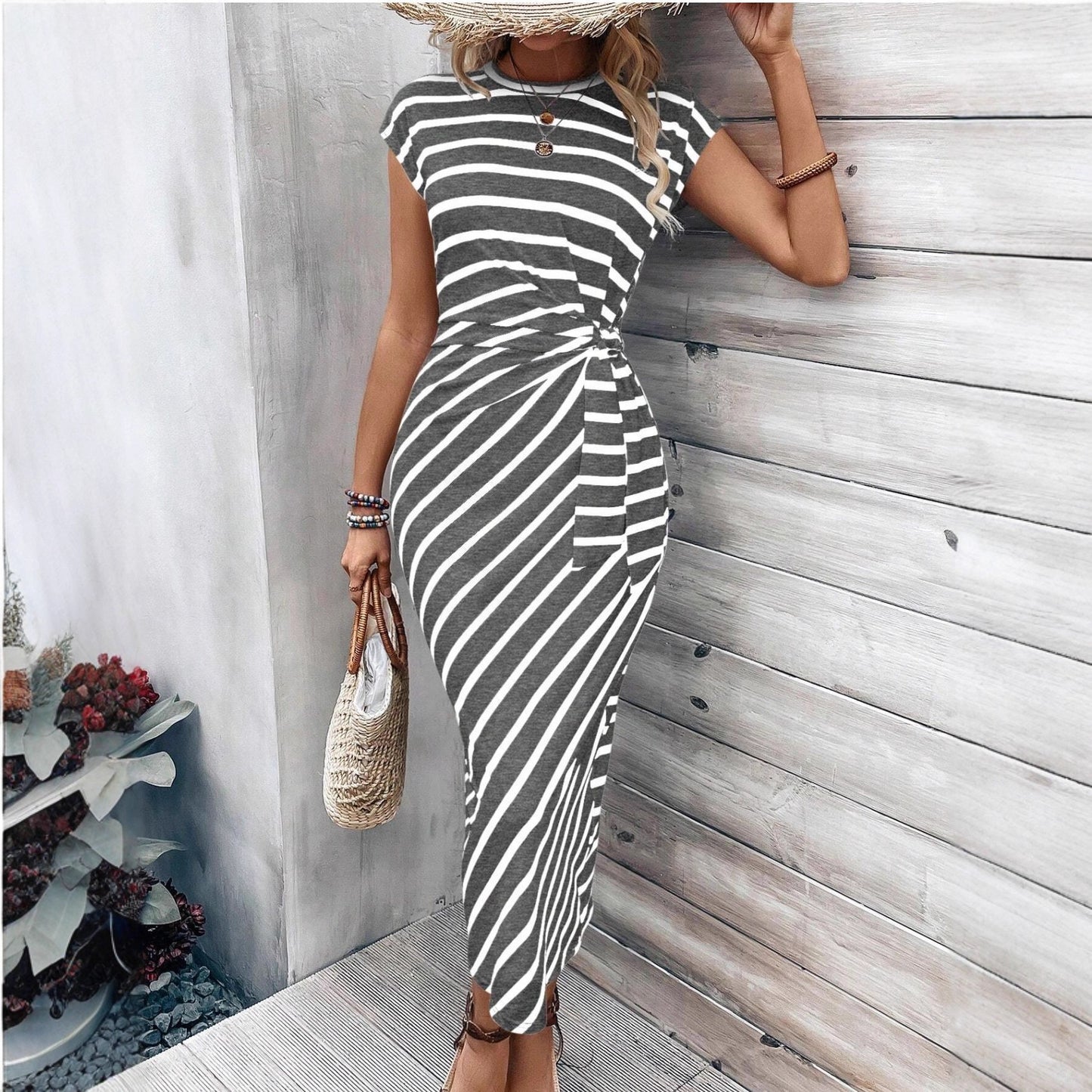 New Women's Waist Strap Sleeve Long Dress