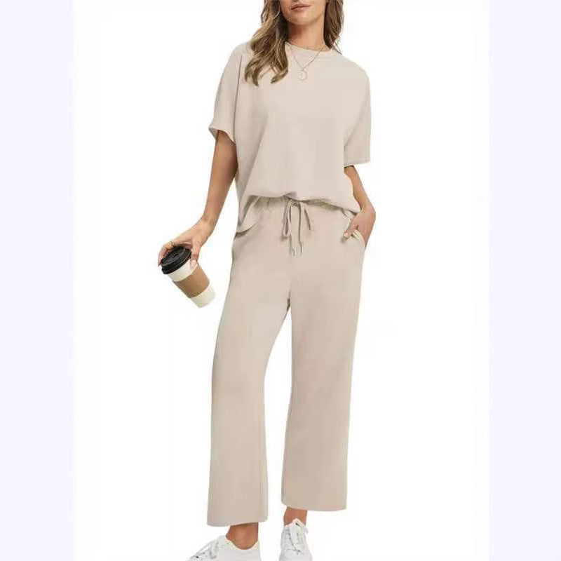 Women's Loose Outfit Round Neck Sleeve Two-piece Shorts