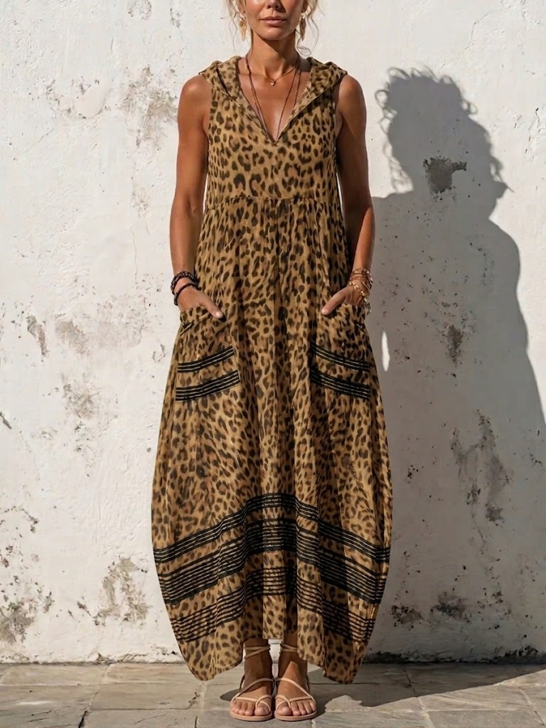 Women's Summer Sleeveless Hooded Leopard Print Pocket Vacation Style Dress