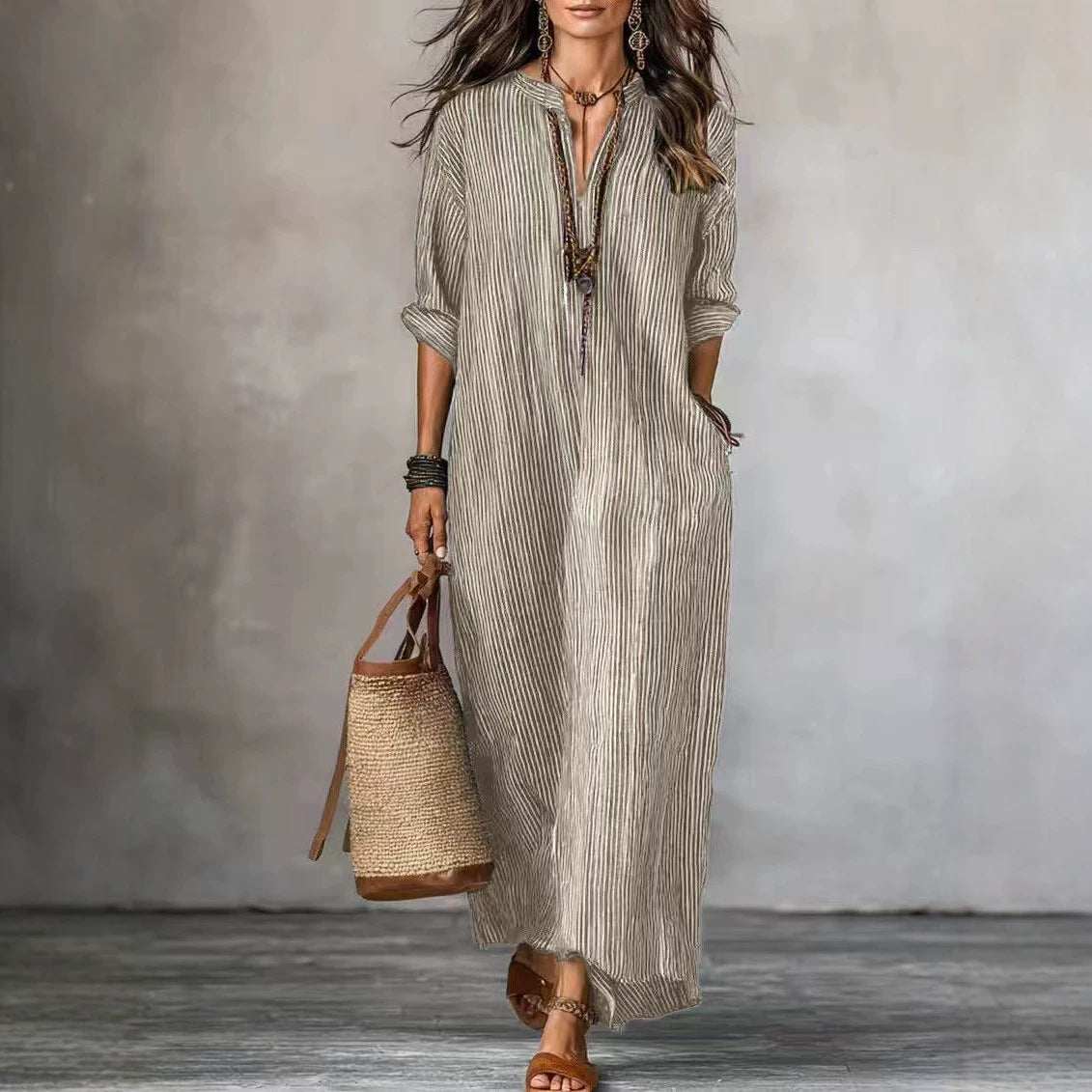 Women's Summer Fashion Sleeve Striped Design Solid Color Dress