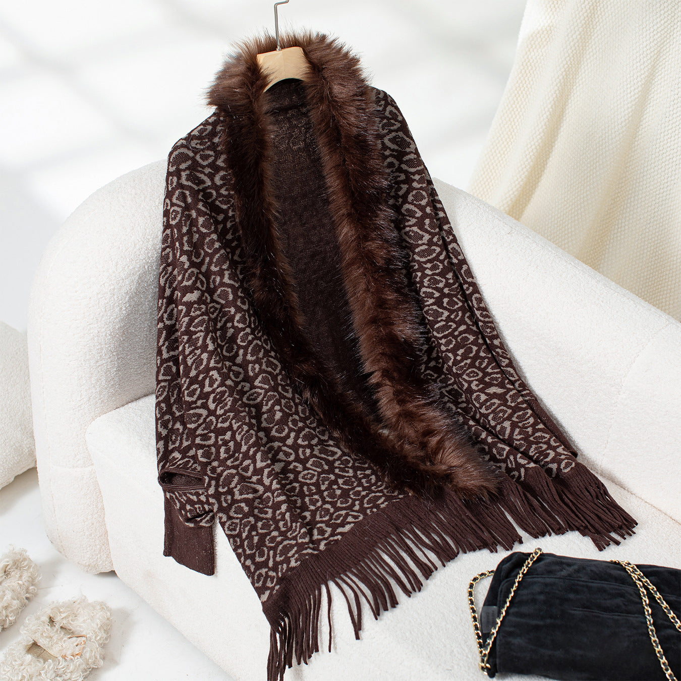 Women's Leopard Print Fur Collar Shawl Knitted Loose Batwing Sleeve Sweater