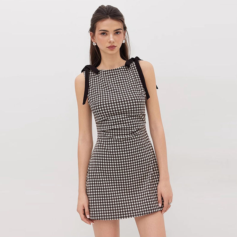 White Plaid Round Neck Pleated Bow Sleeveless Dresses