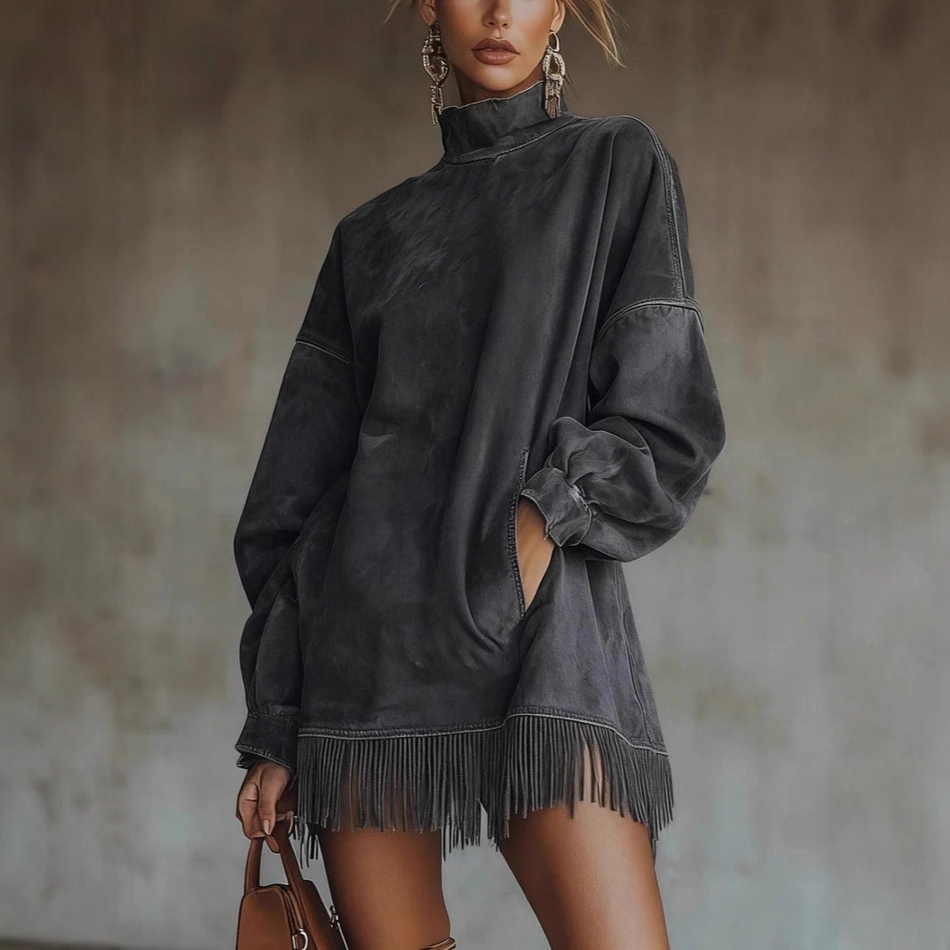 Turtleneck Suede Vintage Loose Pockets Tassel Long Dress