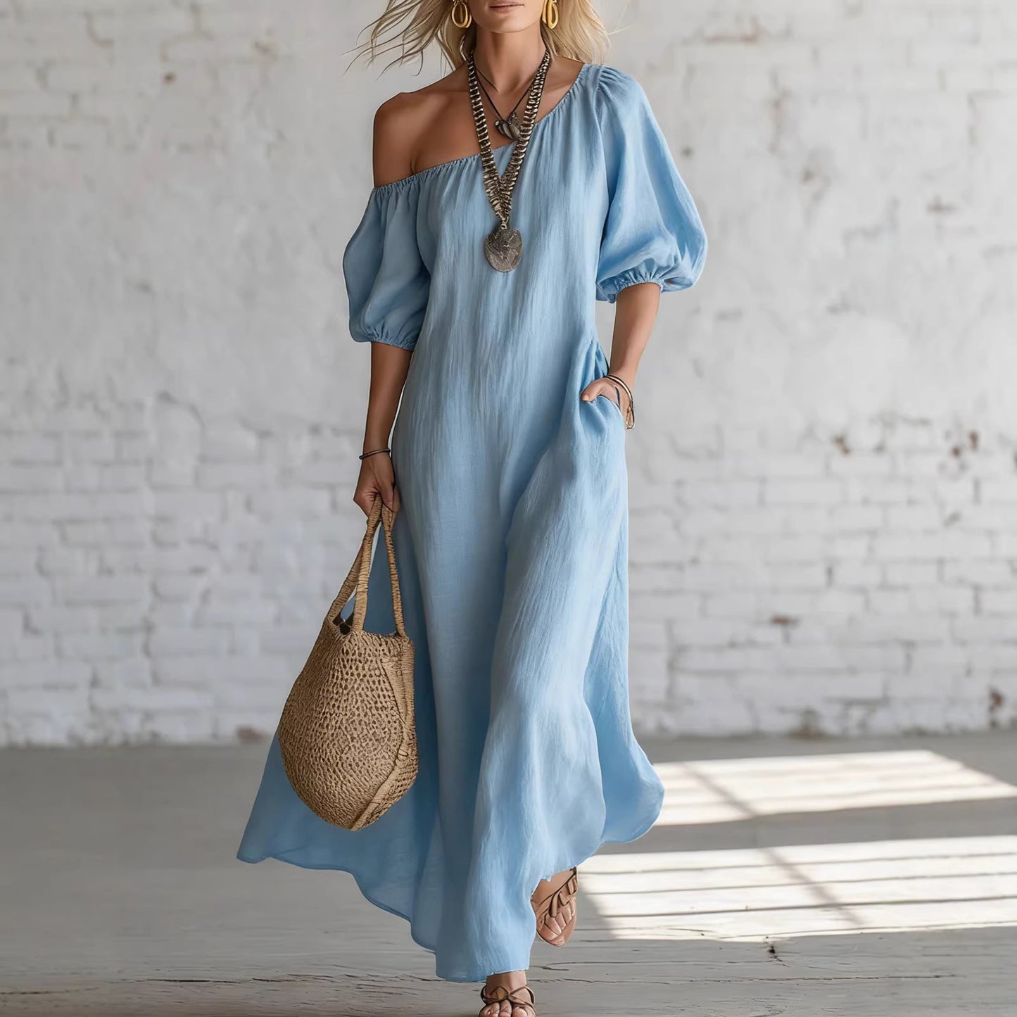 Women's Color Loose Shoulder High-grade Retro Long Cotton Dress
