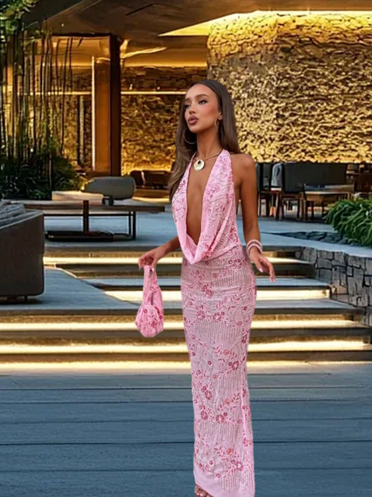 Elegant Halter Dress Sequin Beaded Bare Dresses