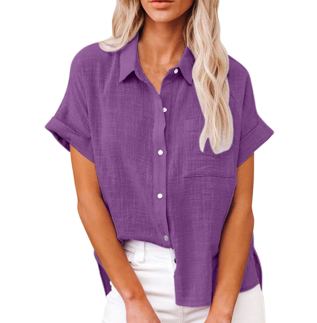Women's Solid Color Linen Shirt Sleeve Casual Shorts