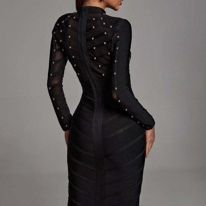 Women's Nail Mesh Long-sleeved Dress Bandage One-piece Dresses
